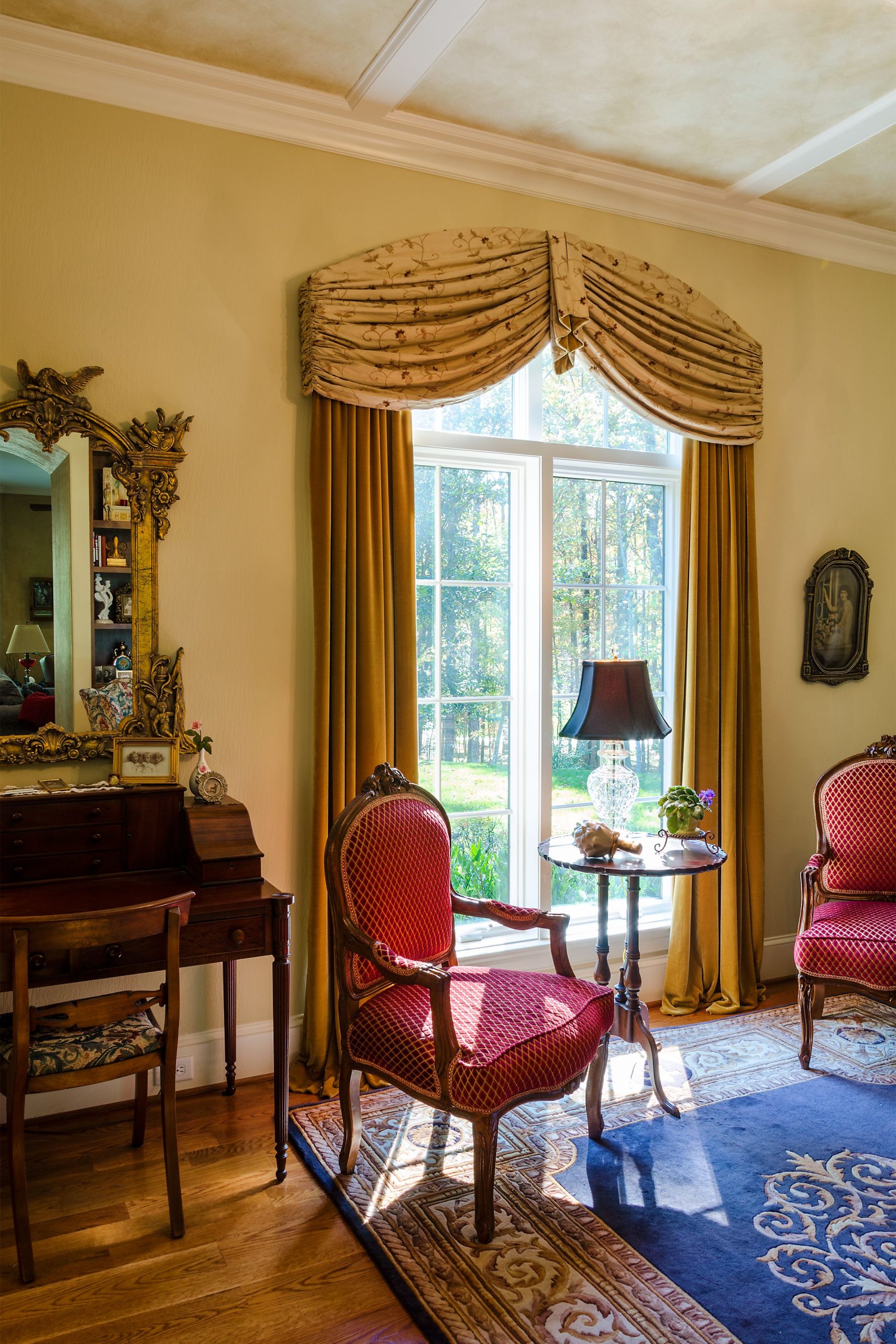 Silky Gold with Botanical Valances, Tuscan Curtains Window Treatments in Living Room