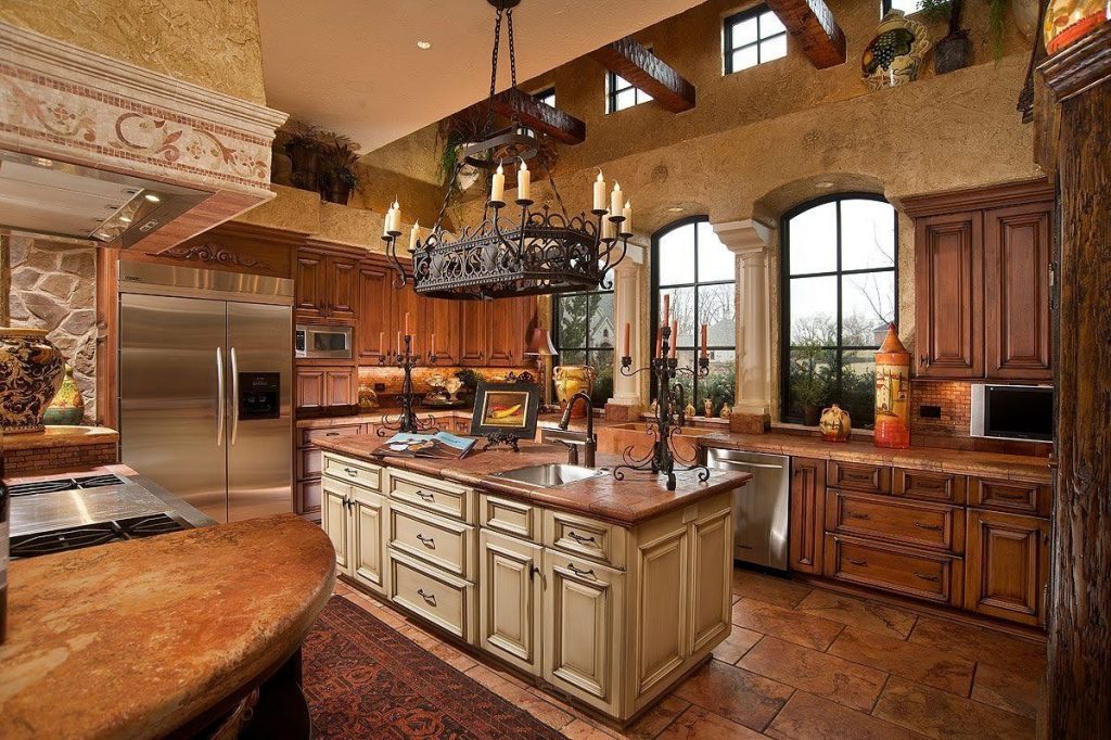 Tuscan kitchen with Wrought Iron Chandelier