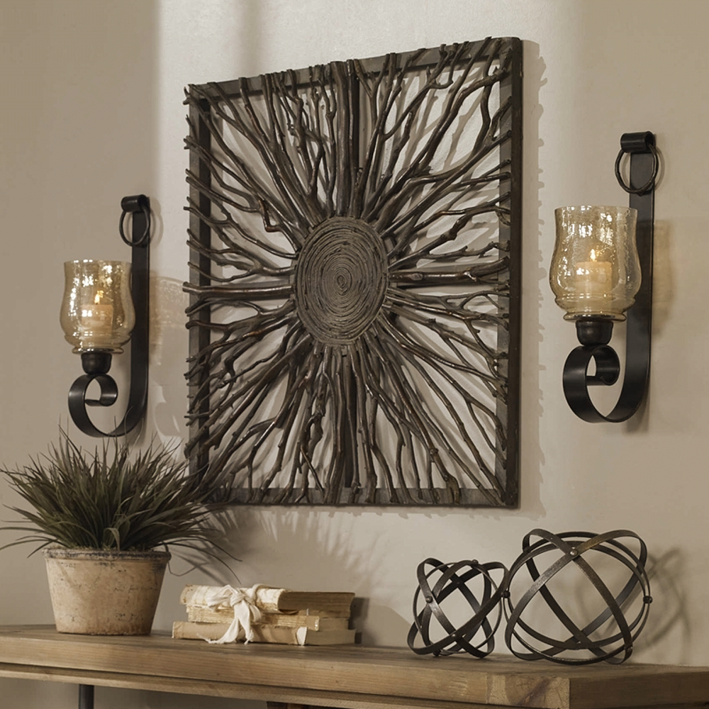 Tuscan Wooden Tree Wall Art with Candle Sconce