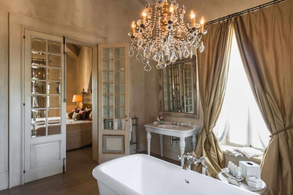 Classy, Rustic Tuscany Drapery in a bathroom