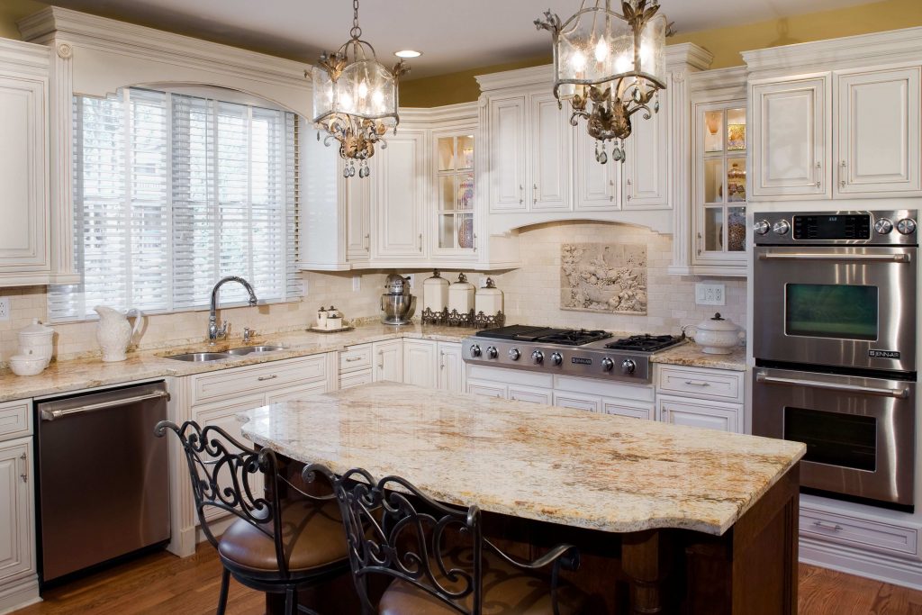 White Tuscan Kitchen with Mable Dinning Table